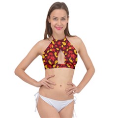 Autumn Pattern,oak And Maple On Burgundy Cross Front Halter Bikini Top by Daria3107