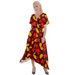 Autumn Pattern,oak And Maple On Burgundy Cross Front Sharkbite Hem Maxi Dress by Daria3107