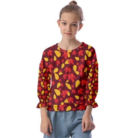 Autumn Pattern,oak And Maple On Burgundy Kids  Cuff Sleeve Top by Daria3107