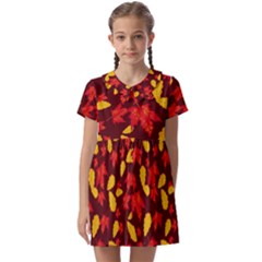 Autumn Pattern,oak And Maple On Burgundy Kids  Asymmetric Collar Dress by Daria3107