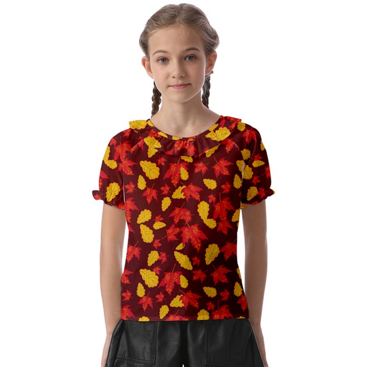 Autumn Pattern,oak And Maple On Burgundy Kids  Frill Chiffon Blouse