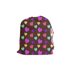 Colorfull Hearts On Choclate Drawstring Pouch (Medium)