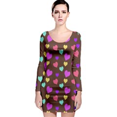 Colorfull Hearts On Choclate Long Sleeve Bodycon Dress