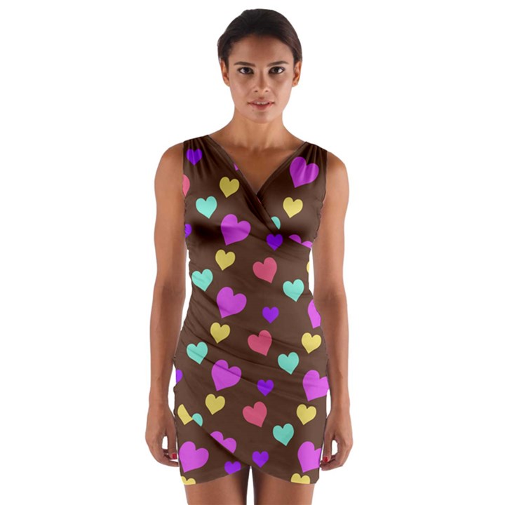 Colorfull Hearts On Choclate Wrap Front Bodycon Dress