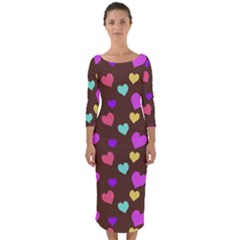 Colorfull Hearts On Choclate Quarter Sleeve Midi Bodycon Dress