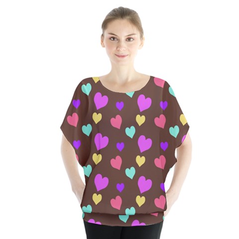 Colorfull Hearts On Choclate Batwing Chiffon Blouse by Daria3107