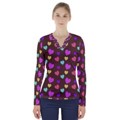 Colorfull Hearts On Choclate V-neck Long Sleeve Top by Daria3107