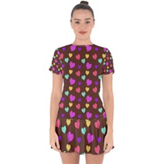 Colorfull Hearts On Choclate Drop Hem Mini Chiffon Dress