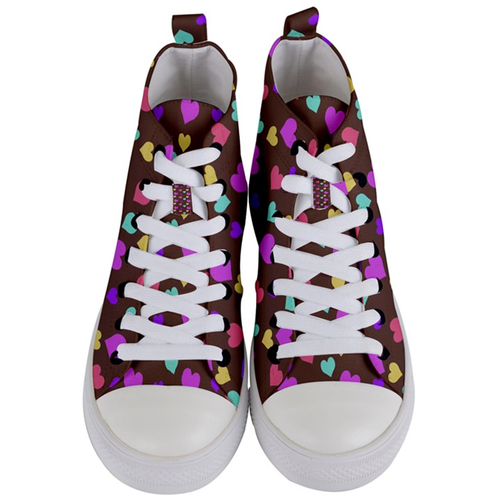 Colorfull Hearts On Choclate Women s Mid-Top Canvas Sneakers