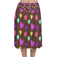 Colorfull Hearts On Choclate Velvet Flared Midi Skirt by Daria3107