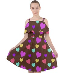 Colorfull Hearts On Choclate Cut Out Shoulders Chiffon Dress