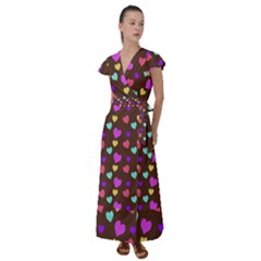 Colorfull Hearts On Choclate Flutter Sleeve Maxi Dress