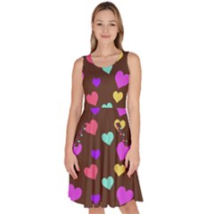 Colorfull Hearts On Choclate Knee Length Skater Dress With Pockets