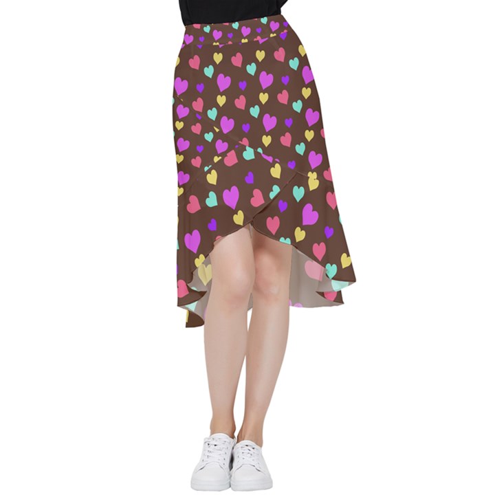 Colorfull Hearts On Choclate Frill Hi Low Chiffon Skirt