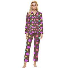 Colorfull Hearts On Choclate Womens  Long Sleeve Pocket Pajamas Set