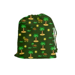 Turtle And Palm On Green Pattern Drawstring Pouch (large) by Daria3107