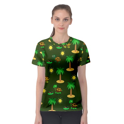 Turtle And Palm On Green Pattern Women s Sport Mesh Tee by Daria3107