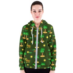 Turtle And Palm On Green Pattern Women s Zipper Hoodie by Daria3107