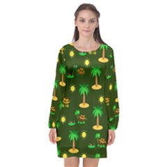 Turtle And Palm On Green Pattern Long Sleeve Chiffon Shift Dress  by Daria3107