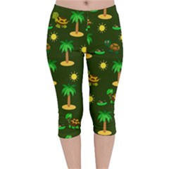 Turtle And Palm On Green Pattern Velvet Capri Leggings  by Daria3107