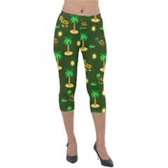 Turtle And Palm On Green Pattern Lightweight Velour Capri Leggings  by Daria3107