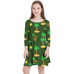 Turtle And Palm On Green Pattern Kids  Quarter Sleeve Skater Dress by Daria3107