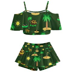 Turtle And Palm On Green Pattern Kids  Off Shoulder Skirt Bikini by Daria3107