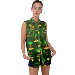 Turtle And Palm On Green Pattern Sleeveless Chiffon Button Shirt