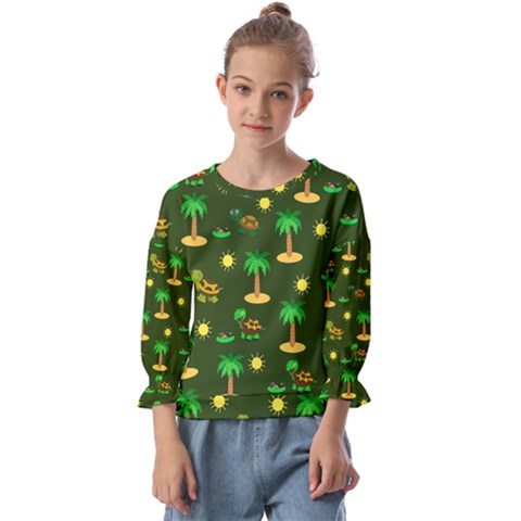 Turtle And Palm On Green Pattern Kids  Cuff Sleeve Top by Daria3107