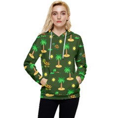 Turtle And Palm On Green Pattern Women s Lightweight Drawstring Hoodie by Daria3107