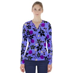 Purple Flower On Lilac V-neck Long Sleeve Top by Daria3107