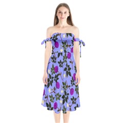 Purple Flower On Lilac Shoulder Tie Bardot Midi Dress by Daria3107