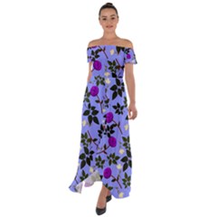 Purple Flower On Lilac Off Shoulder Open Front Chiffon Dress