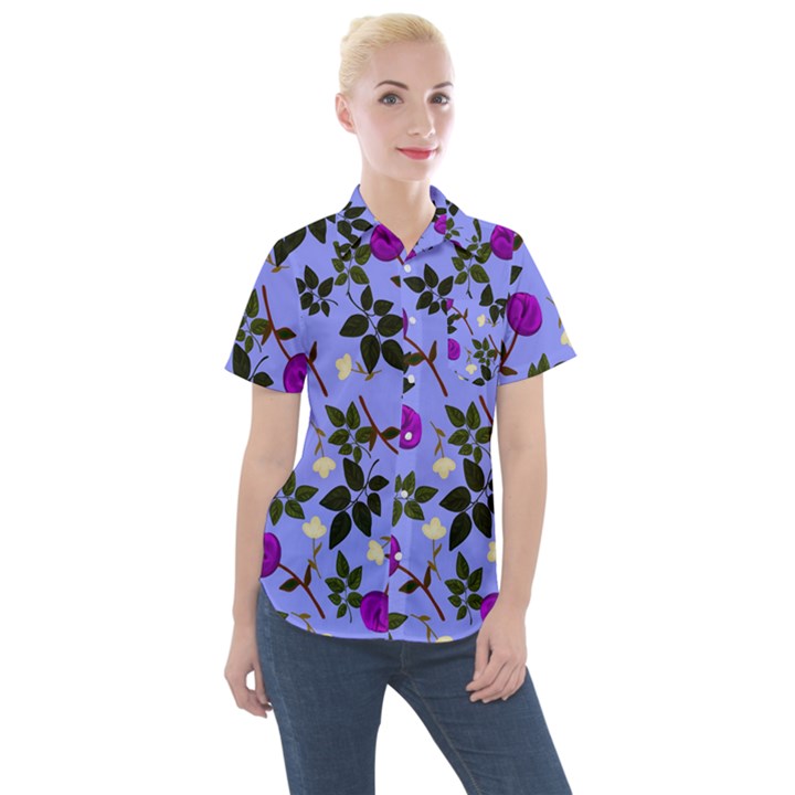 Purple Flower On Lilac Women s Short Sleeve Pocket Shirt