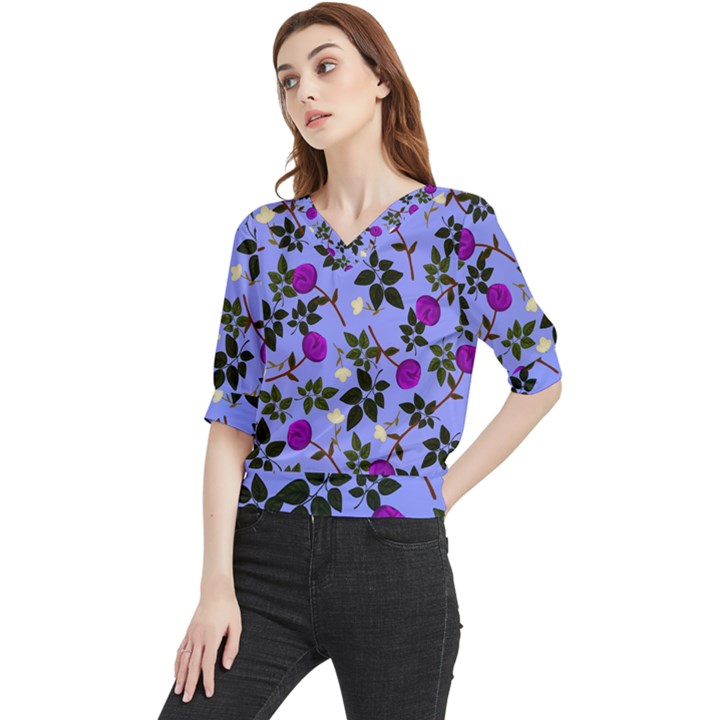 Purple Flower On Lilac Quarter Sleeve Blouse