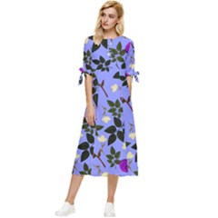 Purple Flower On Lilac Bow Sleeve Chiffon Midi Dress