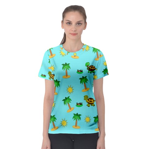 Turtle And Palm On Blue Pattern Women s Sport Mesh Tee by Daria3107