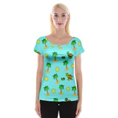 Turtle And Palm On Blue Pattern Cap Sleeve Top