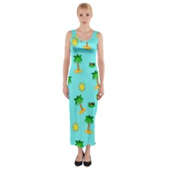 Turtle And Palm On Blue Pattern Fitted Maxi Dress