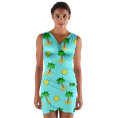 Turtle And Palm On Blue Pattern Wrap Front Bodycon Dress