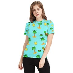 Turtle And Palm On Blue Pattern Women s Short Sleeve Rash Guard