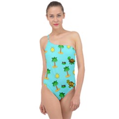 Turtle And Palm On Blue Pattern Classic One Shoulder Swimsuit by Daria3107