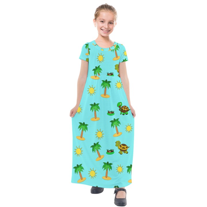 Turtle And Palm On Blue Pattern Kids  Short Sleeve Maxi Dress