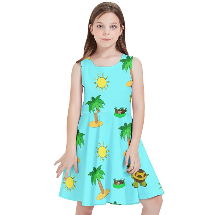 Turtle And Palm On Blue Pattern Kids  Skater Dress