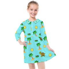 Turtle And Palm On Blue Pattern Kids  Quarter Sleeve Shirt Dress