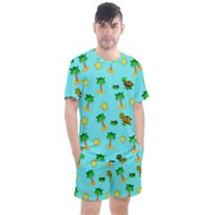 Turtle And Palm On Blue Pattern Men s Mesh Tee And Shorts Set