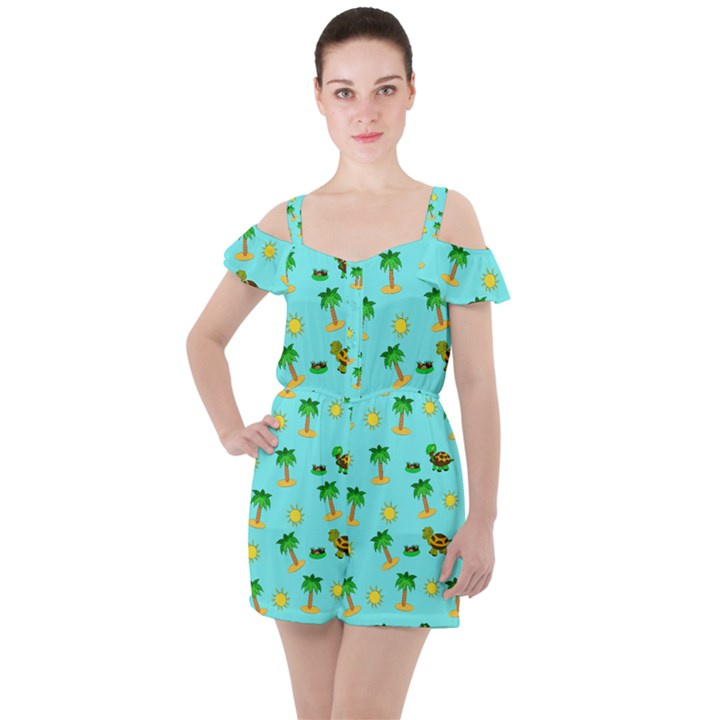 Turtle And Palm On Blue Pattern Ruffle Cut Out Chiffon Playsuit