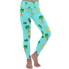 Turtle And Palm On Blue Pattern Kids  Lightweight Velour Classic Yoga Leggings by Daria3107