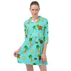 Turtle And Palm On Blue Pattern Mini Skater Shirt Dress