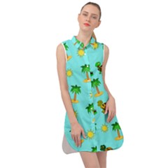 Turtle And Palm On Blue Pattern Sleeveless Shirt Dress